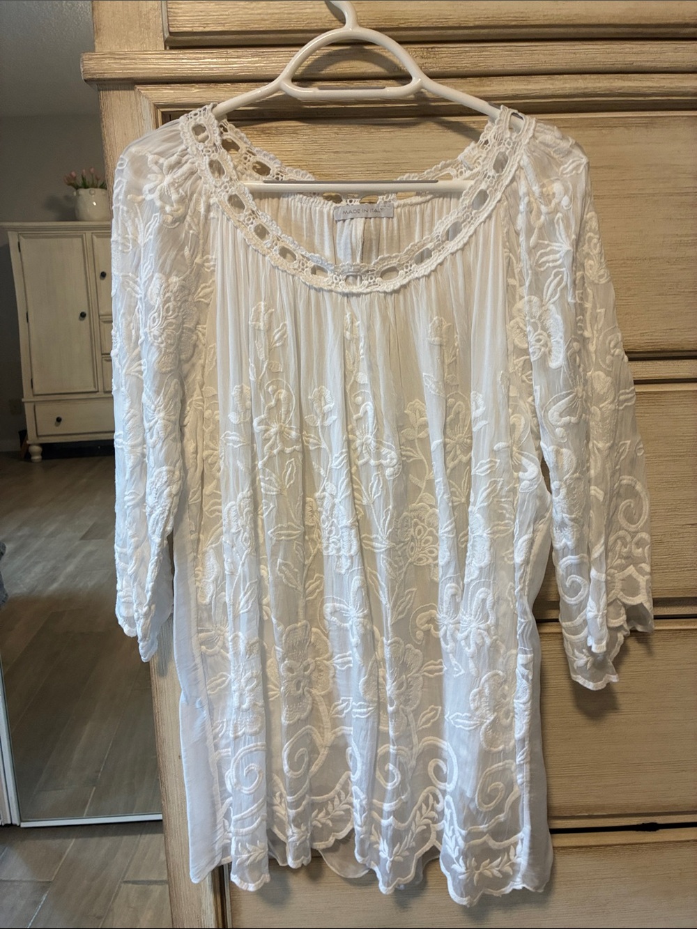 Women's White Embroidered Tunic Top - Boho Crochet Trim